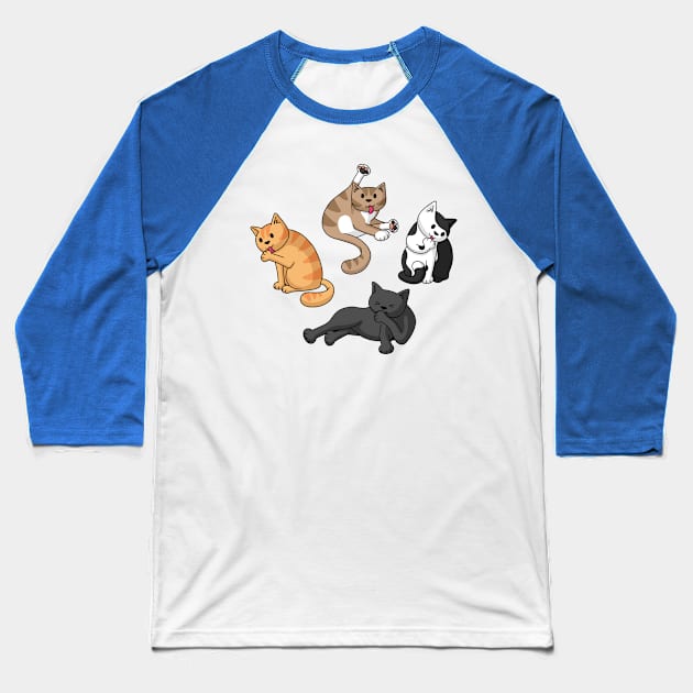 Four Cats Washing Baseball T-Shirt by Doodlecats 